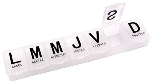 MovilCom® Pastillero semanal español transportable 7 compartimentos 7 días pastillero organizador semanal 1 toma diaria, estuche planificador semanal de pastillas-Blanco