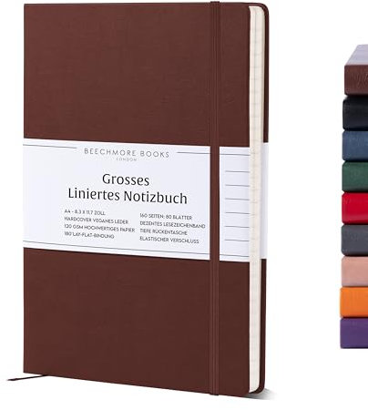 Beechmore Books Notizbuch liniert - XL A4, Braun I Premium Hardcover Journal Buch aus veganem Leder, 120gsm creme Papier, Geschenkbox, für Schriftsteller, Journalisten, Meetings & Studenten