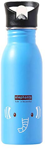 Double Insulated Water Bottle, Reusable Stainless Steel Sport Water Bottle, Insulated Water Bottle with Straw Lid & Sports Cap, BPA- Leakproof, Travel Drink Bottle for Children 500ml, Elephant