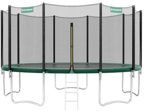 SONGMICS Gartentrampolin für Kinder, Ø 427 cm, mit Sicherheitsnetz, Kantenschutz, Leiter, gerader Stangen 180 cm hoch, Stahlrahmen, Dunkelgrün STR141C01