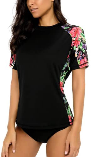 CharmLeaks Floral Printed Rash Guard for Women Quick Dry Swimsuit Short Sleeve Rash Vest Black Floral L