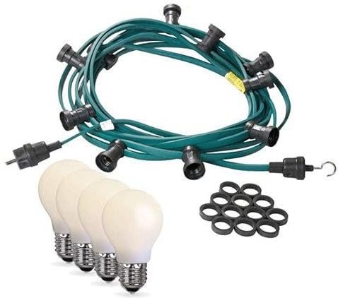 SATISFIRE Illu Partylichterkette grün wetterfest Außenlichterkette mit milchigen E27 LED Tropfenlampen MADE IN GERMANY outdoor für Garten Terrasse Balkon Biergarten(Grünes Kabel, 10m - 10 Lampen)