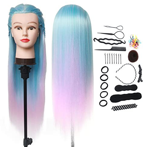 Friseur Training Kopf, DanseeMeibr Plus 26-28Inch Training Kopf 100% Synthetische Faser Haar zum Üben von Frisuren, Weiche Mannequin Puppen Kopf für Mädchen Stylisten Friseur
