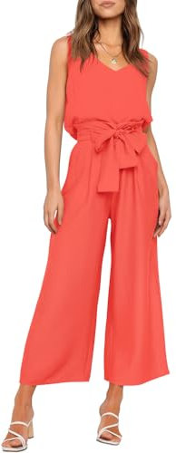 FANCYINN Frauen 2 Stück Casual Trainingsanzug Sommer Ärmelloses Tank Top Hose mit hoher Taille Fluoreszierendes Orange Rot Top & Hose S