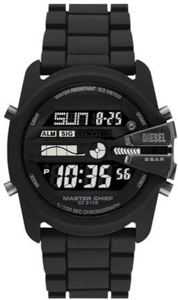 Diesel Herrenuhr Master Chief, LCD Uhrwerk, 44MM Schwarzes Silikongehäuse mit einem Silikonarmband, DZ2158