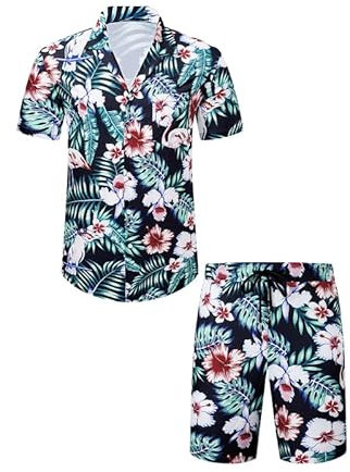Meilicloth Hawaii Hemd Männer Set Flamingo Blumenmuster Floral Kurzarm Sommer Shorts Herren Kurze Hose Schwarz - Flamingo L