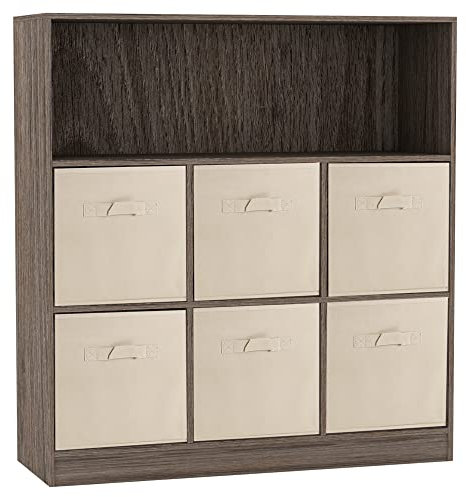 URBNLIVING Wooden Wide 7 Cubed Cupboard Bookcase Storage Units Shelves 6 Drawers Baskets (Beige Drawer, Anthracite Oak Bookcase)