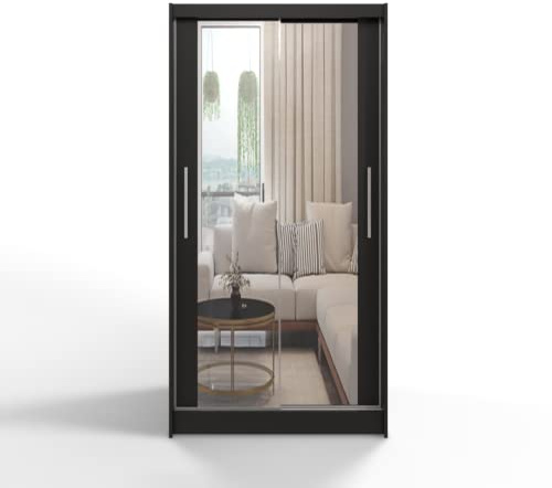 ML Furniture C7 Schiebetüren Kleiderschrank 100 cm mit Spiegel - Schlafzimmermöbel, Aufbewahrung - Mehrzweckschrank - Farbe: Schwarz