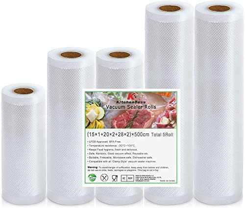 KitchenBoss Rollos Envasadora Al Vacio Bolsas Vacio Alimentos:Bolsas Para Envasar Vacio Alimentos Reutilizable Bolsas Envasar Al Vacio Alimentos y Sous Vide Cocina Sin BPA 5 Rollos 15/20x2/28x2/500cm