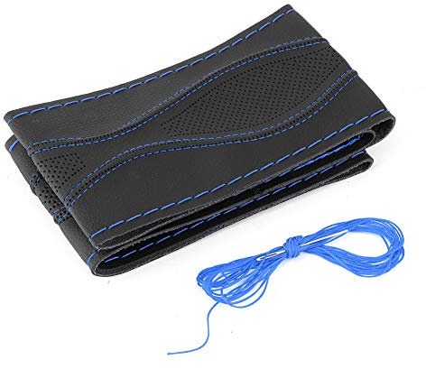 Aramox Funda para Volante, 38cm/15in Funda de Cuero para Volante Cosida a Mano en Relieve con Aguja e Hilo Universal (Azul Negro)