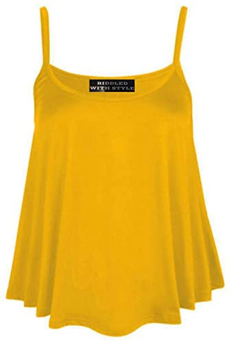 Womens Plain Swing Vest Sleeveless Top Strappy Cami Ladies Flared UK 8-26 (Mustard, 14)
