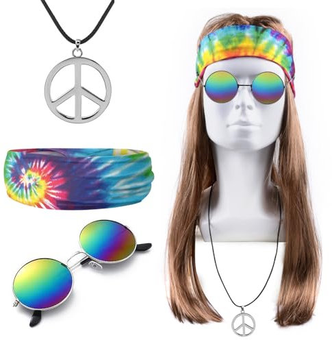 iZoeL Hippie Kostüm Damen Herren, Hippie Perücke Sonnenbrille Peace Halskette Anhänger Batik Stirnband Accessories, Herren Damen Fasching Kostüm 80er 90er Mottoparty Halloween Fasching Karneval
