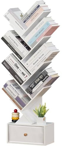 SHEEPAM Libreria ad albero a 8 ripiani con cassetti, libreria autoportante in legno per soggiorno, camera da letto, ufficio domestico, organizer salvaspazio per libri, CD, dischi in vinile, bianco