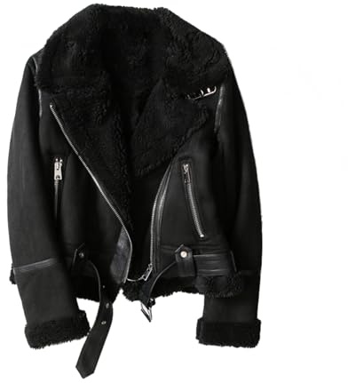 Donna In Ecopelle Breve Ritagliata Marrone Cappotto Per L'inverno Vintage Pelliccia Integrata Giacca Zip Up Risvolto Maniche Lunghe Giacche Femminili Capispalla, Nero , M corto