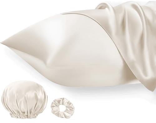 Seiwohl Satin Kissenbezug 50x80 2er Set, Weich wie Seidenkissenbezug Silk Pillowcase, Vegane Seide Kopfkissenbezug Kissenhülle Haarschutz für die Nacht mit Haargummi und Haarhaube, Beige
