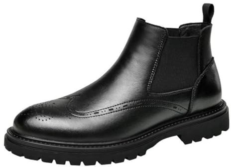 ANUFER Uomo Bello Pelle Stivali Chelsea Brogue Formale Slip-On Scarpe Eleganti alla Caviglia Nero SD5A40124 EU43