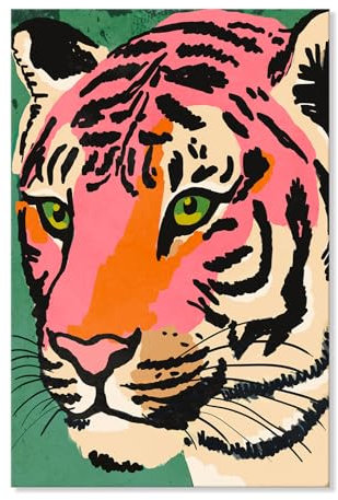 7CANVAS Leinwandbild, Motiv: rosa Tiger, Tiergemälde, Tiger, Wanddekoration, adrette Raumdekoration, Pop-Art, buntes Tierposter für moderne Wohnwand, 40,6 x 61 cm