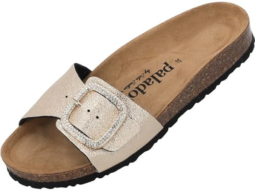Palado Pantoletten Damen Malta BX by Sila Sahin – gefertigt in Spanien – edle Veloursleder-Decksohle – Glitzerschnalle im Boxy-Design – Lack- oder Metallic-Optik – EVA-Sohle Gold Metallic UK3,5 - EU36