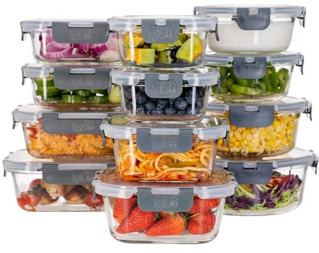 Igluu Meal Prep Recipientes de Vidrio con Tapa (Paquete de 12) - Recipientes Reutilizables, Aptos para Microondas, Horno, Congelador y Lavavajillas - Recipientes a Prueba de Fugas (320ml - 1050ml)