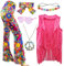 XonyiCos 6 Stück 60er 70er Jahre Hippie Kostüm Disco Outfits Fransenweste Boho Schlaghosen Frieden Zubehör Set Halloween für Frauen Karnevalskostüm (Frieden Liebe, M)