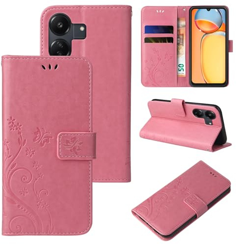 LBH Handy Hülle für Xiaomi Redmi 13C Case Handytasche Schmetterling Blumen Flower Standfunktion Schutzhülle Magnet Rundum Schutz 360 Grad Flipcase Cover Rosegold