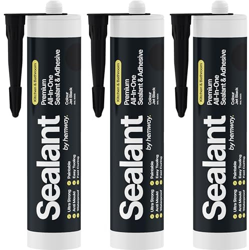 Hemway 300 ml Jet Black Hybrid Polymer Sealant | Odourless & Sanitary Anti-Mould Adhesive | Waterproof & Suitable For Use in Kitchen, Bathroom & Around Bath, Shower & Toilet | Easy To Use - 3 Pack