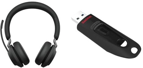 Jabra Evolve2 65 Wireless PC Headset – Noise Cancelling UC Certified Stereo Headphones & SanDisk Ultra USB 3.0 Flash-Laufwerk 128 GB