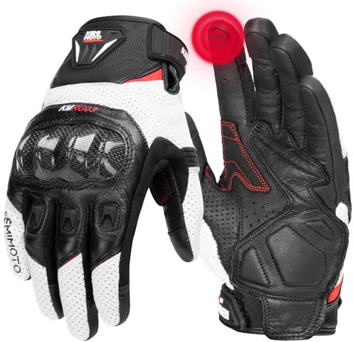 KEMIMOTO Guantes de Moto para Hombre, Piel de Cabra con Dedos completos con Almohadillas Antideslizantes, Guantes de protección para Pantalla táctil, Guantes de protección para Motocross, Scooter