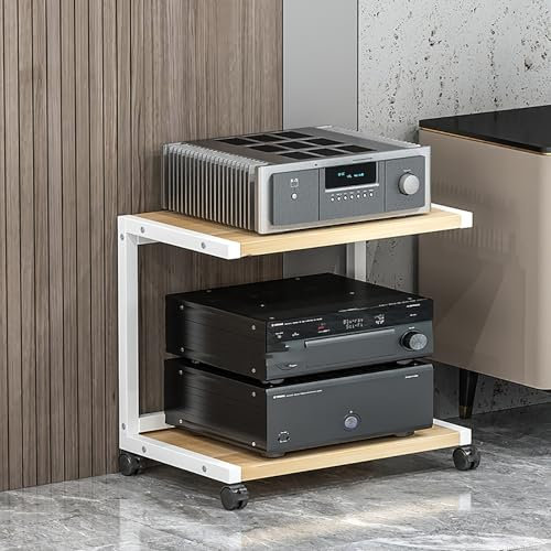 Plattenspieler-Ständer,Medienständer,Audio-Rack,Plattenspielerständer,mit Lagerregal,Schwarz Offenes Vinyl Plattenspieler Stand,mit Universalrädern,für Gaming,Aufnahmeraum.(Wood color,50x40x45cm)