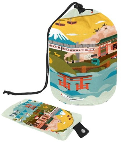 Kulturbeutel mit Kordelzug, japanische Reise, schöne Landschaft, fassförmige Kulturbeutel, Kosmetiktasche, Reise-Make-up-Organizer-Tasche + kleine Tasche, multi,
