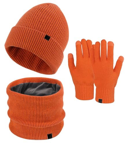 Mütze, Handschuhe, Set für Damen und Herren, für Herbst und Winter, warm, niedlich, Wolle, Mütze, Schal, Handschuhe, Mützen-Set für Herren, Orange, Einheitsgröße