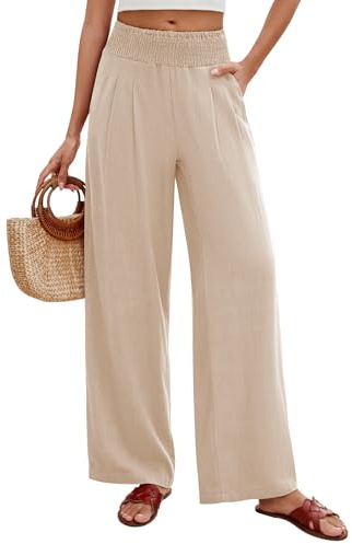 PASUDA Leinenhose Damen Sommer Hose Weites Bein Baumwolle Leinen Sommerhose Lang Elastisch Hohe Taille Freizeithose Strandhose Leichte Loose Boho Hosen mit Taschen Bequeme Stoffhose (Khaki, M)