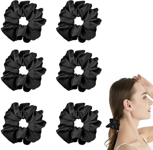 Eupneicu Haargummis Seide Scrunchies Satin Für Damen [ 6 Stück ], Premium Satin Haargummis, Haargummi Weich Elastisch Silk Für Damen Und Mädchen [ Schwarz ]
