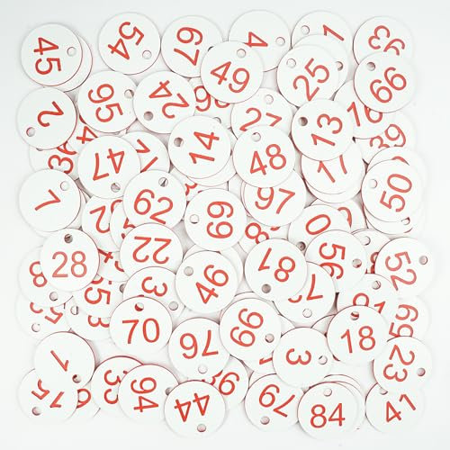 1-100 Runde Zahlenmarken mit Loch, Nummernschilder Kunststoff Kleine Wasserdichte, Graviert Nummeriert ID-Anhänger, Nummerierte Zahlen Ohne Schlüsselanhänger für Imkerei, Tierhaltung, Hotels(Weiß)