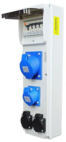 RoadEu - Power Distribution Box - CEE 32Amp, 16Amp Socket 3P and 2X 13 Amp Socket - Monophase Wall Combination Sockets with Circuit Breakers and RCD, Includes 32A, 16A and 13Amp MCB