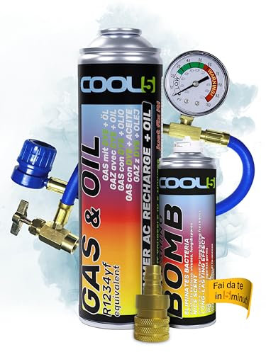 COOL5 2in1 - Sostituzione del refrigerante R1234yf con olio, per la ricarica dell'aria condizionata dopo il 2016 + linea di pressione con manometro + bomba di ristoro + adattatore + APC 500ml