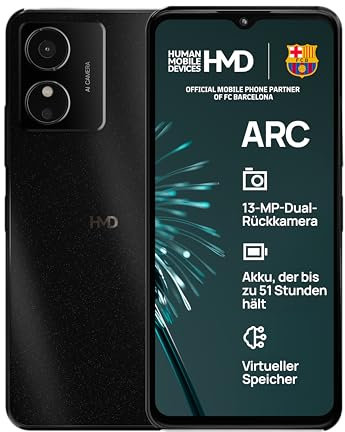 HMD Arc Smartphone (4 Go de RAM/64 Go + MicroSD, batterie 4000 mAh, écran HD 6,51, double appareil photo 13 MP, OS Android 14 Go, certifié IP54, réparation Gen1) Noir