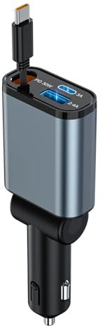 Rocketek Retractable Car Charger 3 in 1 50W USB C Car Charger Adapter with Type-C Retractable Cables and USB-C + USB-A Fast Charging Ports, Compatible with iPhone 16/15/Samsung Galaxy/Hua-wei