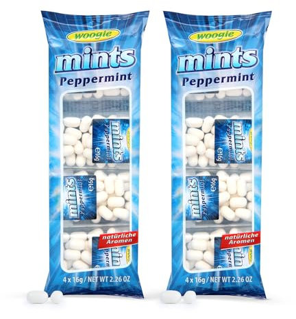 Woogie Mints Peppermint 2er Pack – Erfrischende Pfefferminz-Zuckerdragees im praktischen Mini-Format – 2x4 Döschen à 16g – Ideal für unterwegs, Büro & Auto – Intensiver Minzgeschmack für frischen Atem