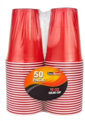 BH | Red Plastic Cups | 16oz | 470 ml | Pack of 50 | Party Cup, Drinking Cup for Party, Events, Everyday, Christmas, Games, Wedding and Picnics, Reusable Red Cups - by Best House