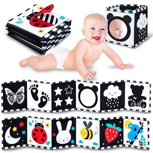 Kontrastbuch Baby Mit Teddy Spiegel | Fördert die Visuelle Entwicklung, Doppelseitiges Schwarz Weiß Stoffbuch, Kontrast Spielzeug Baby 0 12 Monate