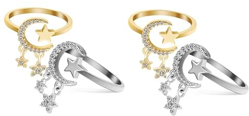 2Sets Star Moon Ringe Exquisite Fingerschmuck mit glänzendem Zirkon Vintage Open Women for Everyday Wear 2pcs*2