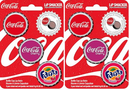 Lip Smacker Coca-Cola Collection, Set of 3 Flavoured Lip Balms, Classic Coke, Cherry Coke and Fanta Strawberry Flavours, Moisturizing and Refreshing (Pack of 2)