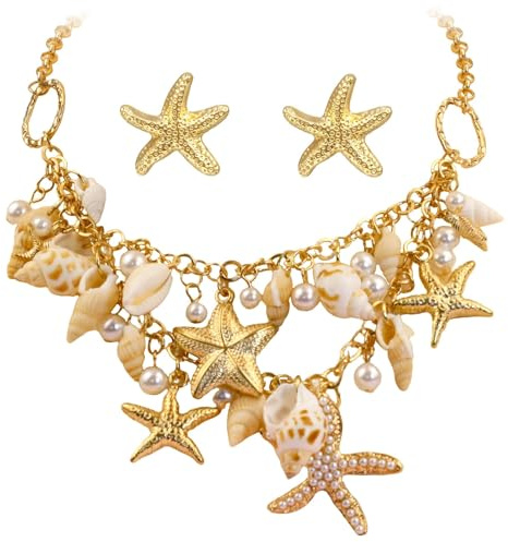 Meerjungfrau Schmuck Damen Muschel Seestern Kette Ohrringe Meerjungfrauen Accessoires Frauen Meerjungfrau Zubehör Muschel Schmuck für Karneval, Fasching, Strandparty, Maritime Party