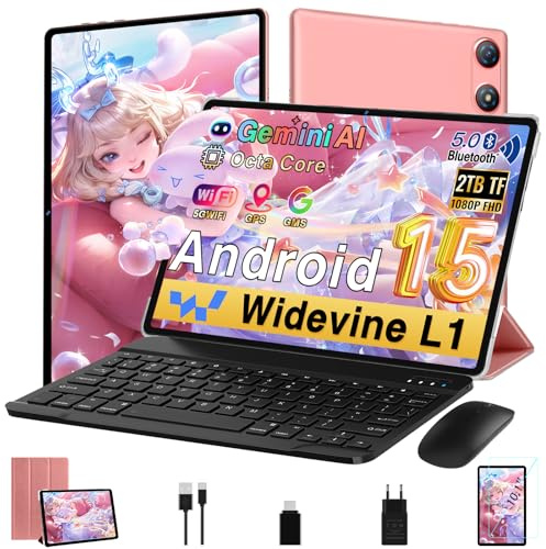 Android 15 Tablette 10 Pouces 64Go ROM + 2To TF, Gemini AI, 1280*800 FHD IPS, 5MP + 8MP, Octa-Core Veille Extra Longue, 5G WiFi, Widevine L1, Face ID, GMS, Bluetooth 5.0, Tablette avec clavier-Or Rose