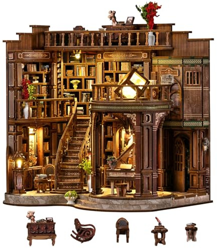 Teoryieer Book Nook Kit for Adults - Wooden DIY Dollhouse Miniature House Kit With LED Light | Creative Bookshelf Decoration Set Wooden 3D Puzzles for Book Lovers (Qimeng)