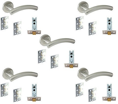 5 Set's Door Handle Pack Internal C/w Latch Ball Bearing Hinges Arched Lever Furniture Stainless Steel 76mm BB