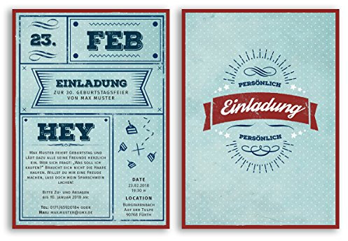 (60 x) Einladungskarten Geburtstag Vintage Retro Ticket Blau Rot Alt Einladungen