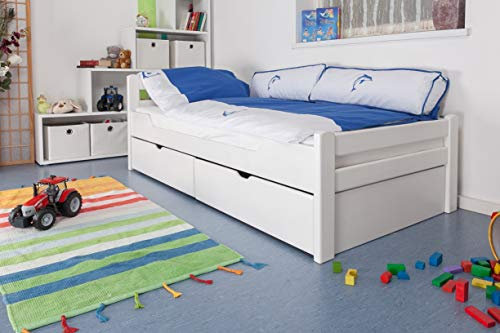 Kinderbett/Jugendbett Easy Premium Line K1/2n inkl. 2 Schubladen und 2 Abdeckblenden, 90 x 200 cm Buche Vollholz massiv weiß lackiert