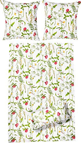 Erwin Müller Perkal-Seersucker Bettwäsche rot-grün-weiß Größe 40x80 cm / 155x220 cm geblümt, schnelltrocknend, bügelfrei, mit Reißverschluss